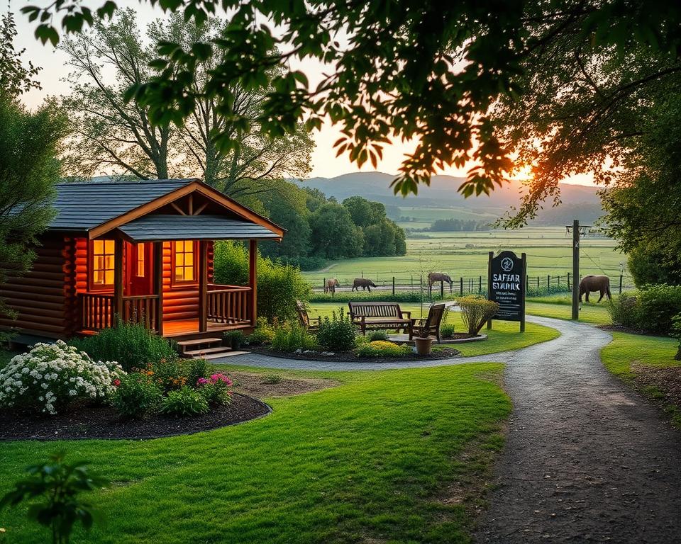 A cozy accommodation near Safari Park Stukenbrock, set in a lush, green environment. In the foreground, display a charming wooden cabin with a small porch, welcoming guests with warm light glowing from the windows. The middle ground features a tranquil garden with colorful flowers and a pathway leading to the park entrance. In the background, capture rolling hills and a glimpse of wild animals peacefully roaming, enhancing the adventure theme. The scene is illuminated by a soft sunset glow, casting a golden hue over the landscape. The atmosphere is inviting and adventurous, encouraging viewers to imagine a memorable stay. Use a wide-angle lens to capture the full beauty of the surroundings, ensuring no people are featured in the image.
