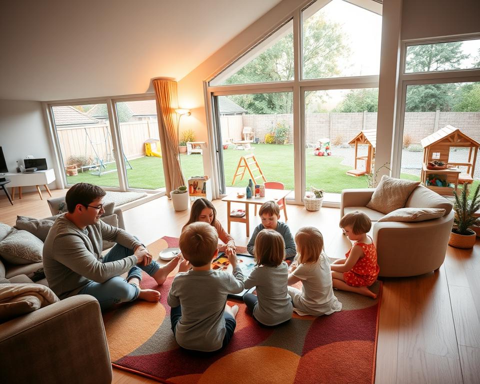 A cozy, family-friendly accommodation scene, featuring a spacious, well-lit living area with modern furnishings. In the foreground, a family of four—parents and two children—are joyfully playing a board game on a colorful rug. The parents are dressed in comfortable, casual clothing, while the children are in playful outfits. In the middle, there are cozy couches, a dining table set for family meals, and children's toys scattered around, creating a warm, inviting atmosphere. In the background, large windows showcase a beautiful garden view with toys like a swing set and a playhouse. The lighting is soft and warm, suggesting a welcoming ambiance. The angle focuses on the family, emphasizing connection and relaxation, making it ideal for family travel inspiration.