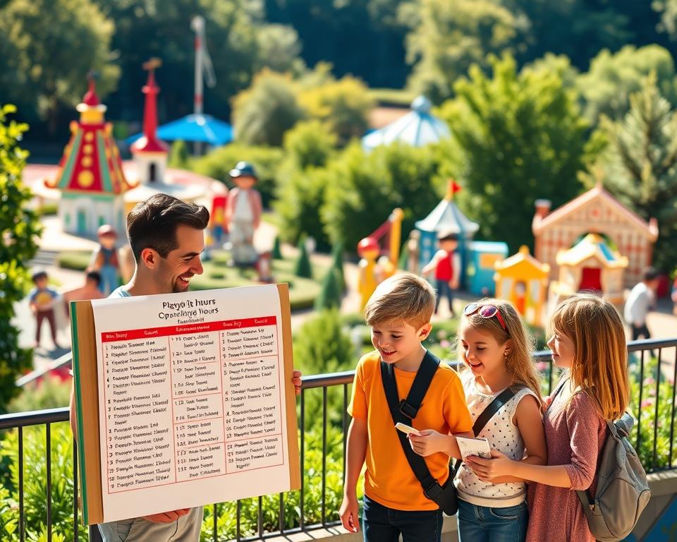 A picturesque view of the Playmobil FunPark in Nürnberg, showcasing its colorful attractions and vibrant environment. In the foreground, a family of four, dressed in cheerful, modest casual clothing, is joyfully planning their visit, checking a detailed schedule of the park's opening hours. The middle ground features iconic Playmobil sculptures and rides that reflect the playful spirit of the park. In the background, lush greenery complements the lively atmosphere, bathed in soft, warm sunlight, creating a welcoming glow. The scene captures a sense of excitement and adventure, with well-defined shadows and vibrant colors that evoke a joyful family outing. The angle is slightly elevated, providing a comprehensive view of the park layout, inviting viewers into the world of fun and creativity. A picturesque view of the Playmobil FunPark in Nürnberg, showcasing its colorful attractions and vibrant environment. In the foreground, a family of four, dressed in cheerful, modest casual clothing, is joyfully planning their visit, checking a detailed schedule of the park's opening hours. The middle ground features iconic Playmobil sculptures and rides that reflect the playful spirit of the park. In the background, lush greenery complements the lively atmosphere, bathed in soft, warm sunlight, creating a welcoming glow. The scene captures a sense of excitement and adventure, with well-defined shadows and vibrant colors that evoke a joyful family outing. The angle is slightly elevated, providing a comprehensive view of the park layout, inviting viewers into the world of fun and creativity.