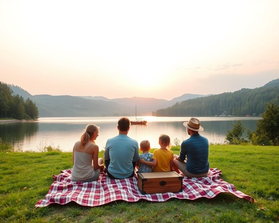 A relaxing family vacation scene in Germany, showcasing a picturesque lakeside setting surrounded by lush green forests and distant rolling hills. In the foreground, a family of four—two adults in casual clothing and two children—are enjoying a picnic on a cozy blanket. The middle ground features a small wooden boat gently floating on the calm water. In the background, the sun is setting, casting a warm golden glow over the landscape with soft pastel colors in the sky. Use a wide-angle lens to capture the serene atmosphere, ensuring the composition feels inviting and harmonious. The mood is peaceful and joyful, evoking a sense of relaxation and togetherness, perfect for family bonding.