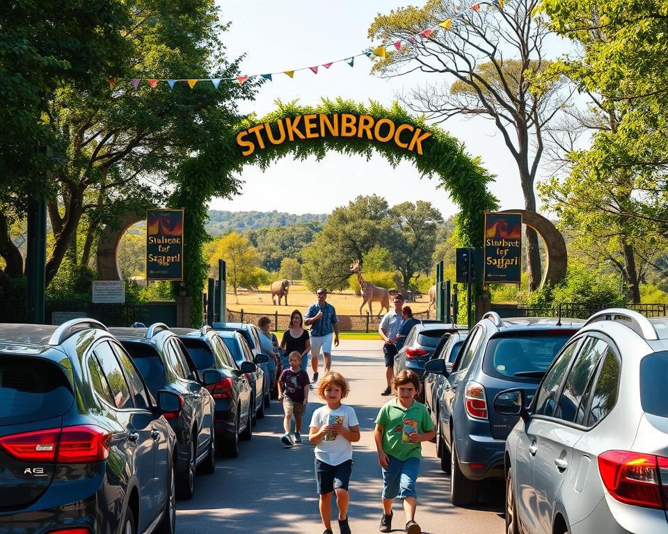A scenic view capturing the entrance to a safari park, emphasizing the welcoming atmosphere of Stukenbrock. In the foreground, a well-maintained parking area filled with cars and families getting out, dressed in casual attire, with excited children holding maps. In the middle ground, a vibrant entrance archway adorned with lush greenery and colorful banners, inviting visitors in. The background features expansive animal habitats visible through the trees, showcasing exotic wildlife. The lighting is bright and sunny, casting cheerful, warm tones across the scene. The angle is slightly elevated, providing a panoramic view of the park's entrance and surroundings, evoking a sense of adventure and anticipation for the day ahead.