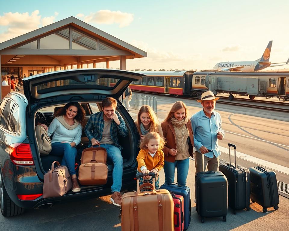 A serene family embarking on a journey, showcasing a diverse group of cheerful parents and children, dressed in comfortable casual clothing. In the foreground, the family is gathered around a packed car, with suitcases and travel gear, radiating excitement. The middle ground features an inviting train station with a friendly atmosphere, where families are happily boarding a train, while nearby, an airplane waits at an airport gate, symbolizing various travel modes. The background reveals a bright blue sky with gentle clouds, suggesting a beautiful day for travel. Soft, warm lighting enhances the scene, creating a mood of relaxation and adventure, captured with a slightly angled view to emphasize the dynamic family interactions.