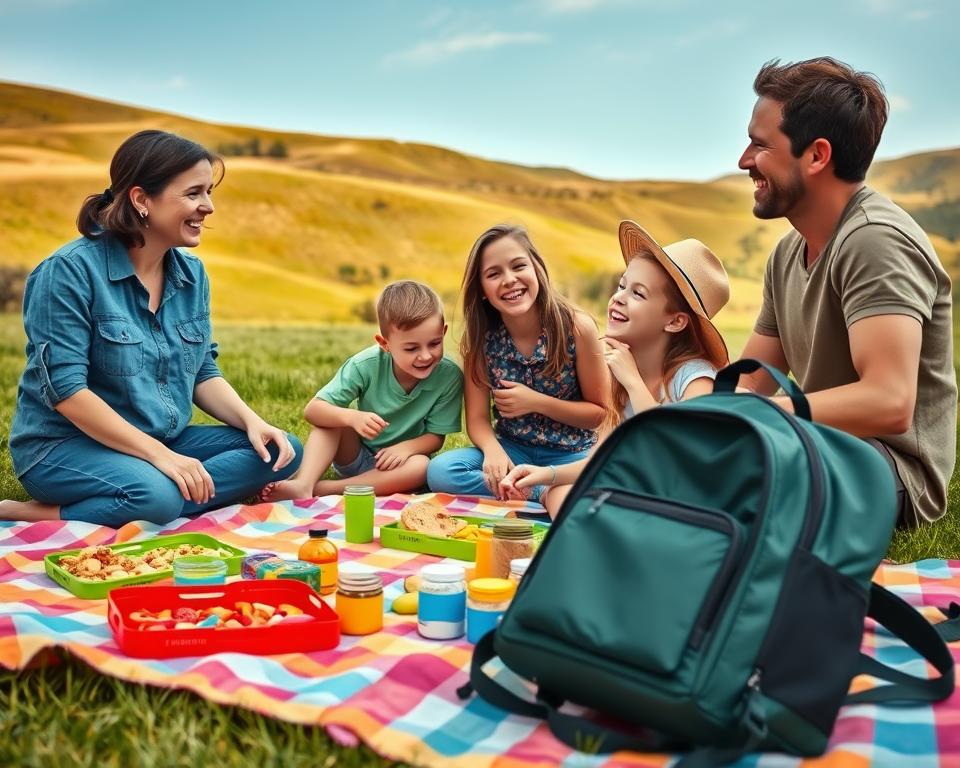 A serene family scene at a picnic in a lush green park, where a mother and father, dressed in relaxed casual clothes, are playfully engaging with their two children, a boy and a girl around the ages of 7 and 9. In the foreground, a vibrant picnic blanket is spread out with colorful snacks and a portable games setup. In the middle ground, the family’s laughter can be visualized through their joyful expressions as they create a Backup Plan for their day, with a small open backpack containing travel essentials. The background showcases gentle hills and a clear blue sky, enhancing the tranquil atmosphere. Warm natural lighting bathes the scene, evoking a sense of calm and relaxation. The overall mood reflects the idea of adaptability and joy in family travel.