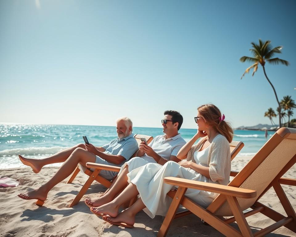 A serene family scene in a modern vacation setting, epitomizing "digital stress relief." In the foreground, a relaxed family of four sits on beach chairs, casually dressed in comfortable, modest clothing, enjoying each other’s company while their smartphones rest nearby, unconsciously forgotten. The middle ground features a sparkling ocean, with gentle waves lapping at the shore, hinting at outdoor activities meant for relaxation. The background showcases a clear blue sky and distant palm trees, embellished with soft sunlight filtering through. The atmosphere is calm and inviting, emphasizing a balance between modern life and nature. The perspective is slightly elevated, capturing both the family and the beautiful surroundings, with warm, soft lighting that enhances the tranquil vibe.