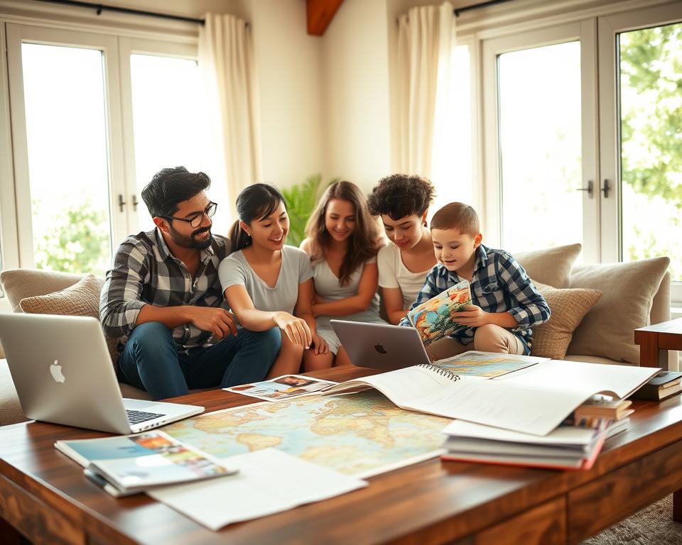 A serene family vacation planning scene, set in a cozy living room with natural light streaming through large windows. In the foreground, a diverse family of four is gathered around a wooden table covered with travel brochures, a laptop, and a notepad filled with budget calculations. The parents, dressed in casual clothing, appear relaxed as they discuss their holiday plans, while the children, engaged and excited, point at a map. In the background, soft greenery is visible through the window, creating a harmonious atmosphere. The mood is calm and focused, emphasizing stress-free family bonding over budget planning. The image should have warm lighting for a welcoming feel, with a soft focus on the family to highlight their interaction.