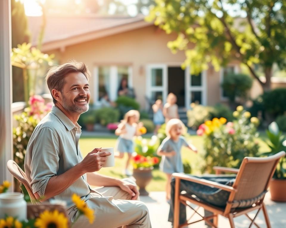 A serene family vacation scene illustrating the concept of self-care for parents. In the foreground, a couple in modest casual attire enjoys a peaceful moment, sipping coffee on a sun-drenched terrace, visibly relaxed and smiling. In the middle ground, their children play joyfully in a lush garden, surrounded by vibrant flowers and greenery. The background features a cozy vacation home, with soft sunlight filtering through trees, creating a warm and inviting atmosphere. The scene is captured with a warm, soft focus lens to enhance the tranquility. Bright, natural lighting emphasizes a sense of calm and happiness, perfect for conveying the joy of short breaks that recharge and rejuvenate families.