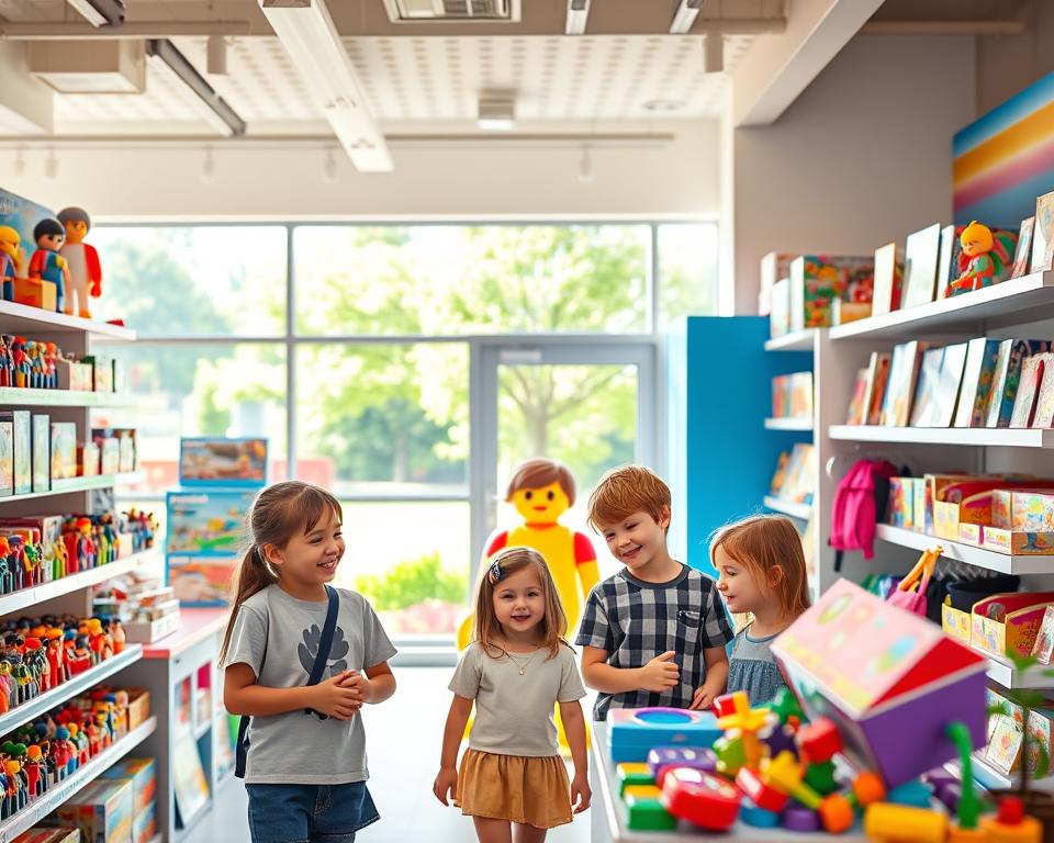 A vibrant Playmobil Shop inside the Playmobil FunPark in Nürnberg, showcasing an array of colorful toys, playsets, and souvenirs. In the foreground, a cheerful family of four, dressed in modest casual clothing, eagerly examines a bright display of Playmobil figures. The middle ground includes shelves brimming with various Playmobil sets, with a playful, oversized Playmobil character standing invitingly near the entrance. In the background, a sunny, cheerful atmosphere is enhanced by large windows revealing a green park scene outside. Soft, natural lighting streams in, creating a warm and welcoming feel. The image should capture a lively shopping experience, filled with joy and excitement suitable for families. A vibrant Playmobil Shop inside the Playmobil FunPark in Nürnberg, showcasing an array of colorful toys, playsets, and souvenirs. In the foreground, a cheerful family of four, dressed in modest casual clothing, eagerly examines a bright display of Playmobil figures. The middle ground includes shelves brimming with various Playmobil sets, with a playful, oversized Playmobil character standing invitingly near the entrance. In the background, a sunny, cheerful atmosphere is enhanced by large windows revealing a green park scene outside. Soft, natural lighting streams in, creating a warm and welcoming feel. The image should capture a lively shopping experience, filled with joy and excitement suitable for families.