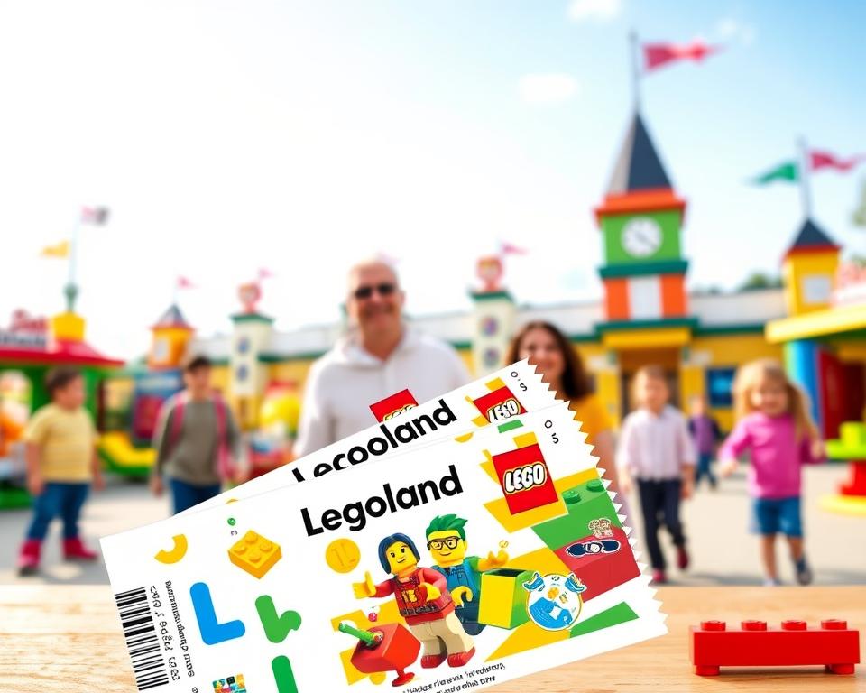 A vibrant and colorful depiction of Legoland Günzburg tickets prominently placed in the foreground, featuring playful LEGO-themed designs and iconic characters. The tickets should be illustrated in a slightly angled view to showcase their details, set against a cheerful, family-friendly background of the Legoland park, complete with colorful attractions and LEGO sculptures. Soft, natural daylight illuminates the scene, creating an inviting atmosphere. In the middle ground, families can be seen enjoying their day, dressed in casual attire, smiling and exploring the park. The overall mood is joyful and fun, capturing the excitement of a family adventure at Legoland, emphasizing affordability and fun for family budgets. A vibrant and colorful depiction of Legoland Günzburg tickets prominently placed in the foreground, featuring playful LEGO-themed designs and iconic characters. The tickets should be illustrated in a slightly angled view to showcase their details, set against a cheerful, family-friendly background of the Legoland park, complete with colorful attractions and LEGO sculptures. Soft, natural daylight illuminates the scene, creating an inviting atmosphere. In the middle ground, families can be seen enjoying their day, dressed in casual attire, smiling and exploring the park. The overall mood is joyful and fun, capturing the excitement of a family adventure at Legoland, emphasizing affordability and fun for family budgets.
