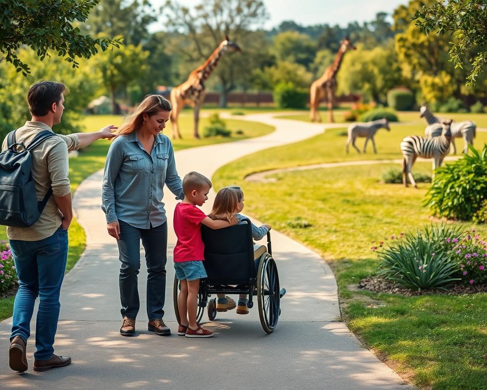 A vibrant and inviting scene at the safari park Stukenbrock, focusing on accessibility and comfort. In the foreground, a friendly park staff member in modest casual clothing assists a family with young children, pointing towards an accessible path. The middle ground showcases a beautifully maintained landscape with pathways designed for wheelchair access, lined with lush greenery and colorful flowers. In the background, wild animals like giraffes and zebras roam freely in spacious enclosures, adding a sense of adventure. Soft, warm lighting bathes the scene, evoking a welcoming atmosphere. A wide-angle view captures the expansive park layout, highlighting the smooth, accessible walkways that blend harmoniously with the natural surroundings. The mood is cheerful and inclusive, perfect for families seeking adventure.
