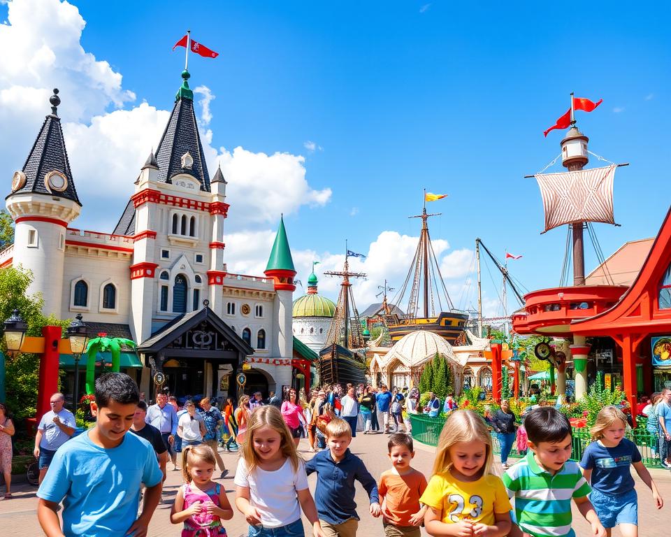 A vibrant, colorful scene of the Günzburg Legoland showcasing its key themed areas. In the foreground, families with children enjoying various attractions, dressed in casual, family-friendly clothing, are engaged in play. The middle ground features iconic structures like the Lego Castle, a pirate ship, and whimsical rides, all meticulously built from Lego bricks, reflecting a joyful and adventurous atmosphere. The background includes a bright blue sky with fluffy clouds and other attractions peeking through. The lighting is sunny and cheerful, enhancing the colors of the Lego structures. The perspective is from a slightly elevated angle for a panoramic view that captures the essence of family fun and adventure at Günzburg Legoland. A vibrant, colorful scene of the Günzburg Legoland showcasing its key themed areas. In the foreground, families with children enjoying various attractions, dressed in casual, family-friendly clothing, are engaged in play. The middle ground features iconic structures like the Lego Castle, a pirate ship, and whimsical rides, all meticulously built from Lego bricks, reflecting a joyful and adventurous atmosphere. The background includes a bright blue sky with fluffy clouds and other attractions peeking through. The lighting is sunny and cheerful, enhancing the colors of the Lego structures. The perspective is from a slightly elevated angle for a panoramic view that captures the essence of family fun and adventure at Günzburg Legoland.