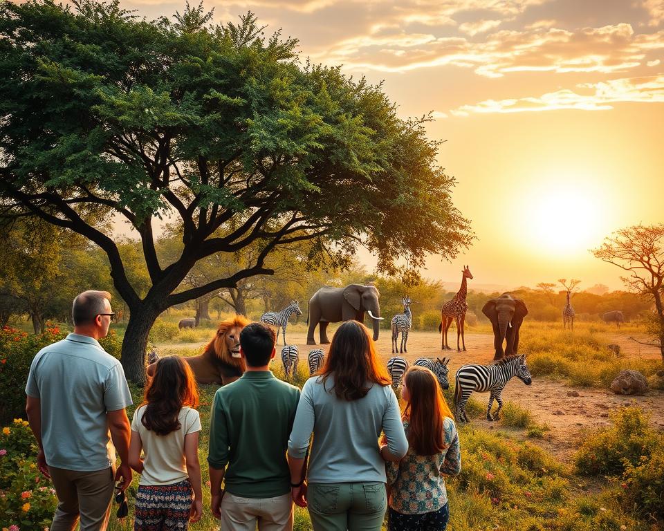 A vibrant, immersive safari park scene featuring a diverse range of wildlife in their natural habitats. In the foreground, a family of four, dressed in modest casual clothing, observes a majestic lion lounging under a shady tree. The middle ground showcases other animals such as giraffes, zebras, and elephants interacting in a lush environment filled with rich greenery and colorful flowers. In the background, a softly lit sky creates a warm atmosphere as the sun sets, casting golden hues across the landscape. The overall mood is adventurous and inviting, emphasizing the wonders of an outdoor safari experience. Use a wide-angle lens to capture the expanse of the park, with a slight tilt-up to include the sky in the composition.