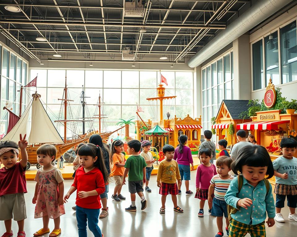 A vibrant indoor Playmobil-themed play area bustling with activity, designed for families to enjoy on a rainy day. In the foreground, children of diverse backgrounds engage joyfully with life-sized Playmobil figures and elaborate playsets, dressed in colorful, modest casual clothing. In the middle, a variety of themed zones such as a pirate ship, castle, and market stall are featured, all rich in detail with bright colors and whimsical decorations. The background showcases a large, bright window allowing soft, diffused natural light to filter in, adding warmth to the space while artificial lights enhance the playful atmosphere. The scene captures a sense of excitement and imagination, inviting families to explore and play together in this indoor haven. A vibrant indoor Playmobil-themed play area bustling with activity, designed for families to enjoy on a rainy day. In the foreground, children of diverse backgrounds engage joyfully with life-sized Playmobil figures and elaborate playsets, dressed in colorful, modest casual clothing. In the middle, a variety of themed zones such as a pirate ship, castle, and market stall are featured, all rich in detail with bright colors and whimsical decorations. The background showcases a large, bright window allowing soft, diffused natural light to filter in, adding warmth to the space while artificial lights enhance the playful atmosphere. The scene captures a sense of excitement and imagination, inviting families to explore and play together in this indoor haven.