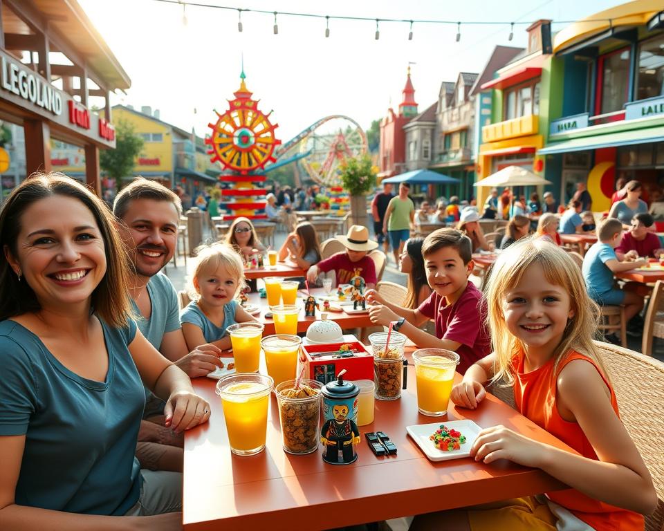A vibrant, outdoor dining scene in LEGOLAND Günzburg, showcasing families enjoying meals at a colorful, themed restaurant. In the foreground, a smiling family dressed in casual summer attire shares a table filled with LEGO-shaped snacks and drinks in playful containers. The middle ground features various other families dining at creatively designed tables, surrounded by miniature LEGO models of food and attractions. In the background, the iconic LEGOLAND rides and colorful buildings provide a whimsical atmosphere, bathed in warm, soft afternoon sunlight that casts gentle shadows. Capture the joy and laughter in the air, creating an inviting and cheerful ambiance, perfect for showcasing family-friendly dining options. Use a wide-angle lens to enhance the sense of space and vibrancy. A vibrant, outdoor dining scene in LEGOLAND Günzburg, showcasing families enjoying meals at a colorful, themed restaurant. In the foreground, a smiling family dressed in casual summer attire shares a table filled with LEGO-shaped snacks and drinks in playful containers. The middle ground features various other families dining at creatively designed tables, surrounded by miniature LEGO models of food and attractions. In the background, the iconic LEGOLAND rides and colorful buildings provide a whimsical atmosphere, bathed in warm, soft afternoon sunlight that casts gentle shadows. Capture the joy and laughter in the air, creating an inviting and cheerful ambiance, perfect for showcasing family-friendly dining options. Use a wide-angle lens to enhance the sense of space and vibrancy.