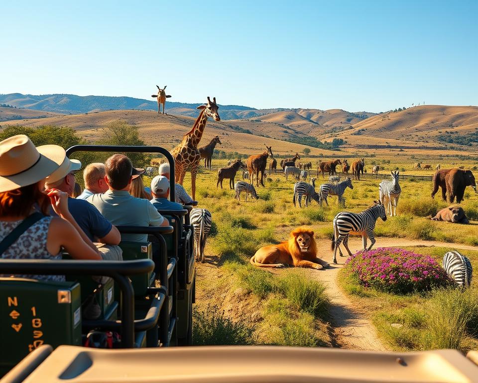 A vibrant safari scene set in the Stukenbrock Safari Park, showcasing a close-up view of a guided safari tour vehicle driving through the park. In the foreground, the vehicle is filled with excited visitors, dressed in casual, family-friendly attire, peering out to spot animals. The middle ground features a variety of wildlife, including majestic giraffes grazing, playful zebras, and a pride of lions lounging in the sun, all surrounded by lush greenery and colorful wildflowers. In the background, rolling hills and a clear blue sky create a tranquil atmosphere. The lighting is warm and golden, suggesting a late afternoon, enhancing the feeling of adventure and discovery. The scene captures the thrill of encountering wildlife up close in a safe environment, emphasizing a sense of wonder and exploration.