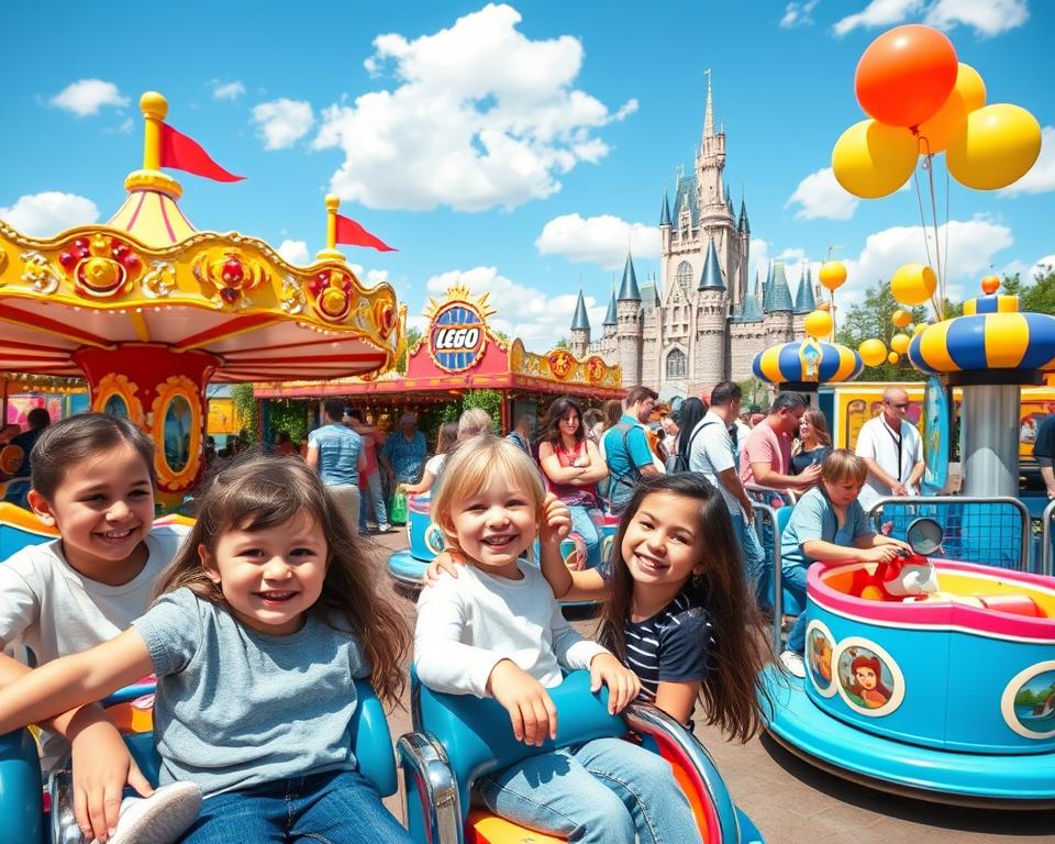 A vibrant scene at an amusement park designed for families, showcasing various family-friendly rides. In the foreground, children in modest casual clothing laugh and enjoy themselves on colorful rides like a whimsical carousel and a spinning teacup ride. The middle ground features happy families interacting and playing games, surrounded by bright decorations and balloons. In the background, a blue sky with fluffy clouds adds to the cheerful atmosphere, while a towering LEGO castle can be seen, highlighting the unique theme of the park. The lighting is bright and sunny, evoking a warm, joyful mood, and the image is captured from a slightly elevated angle to provide an overview of this bustling family-friendly environment. A vibrant scene at an amusement park designed for families, showcasing various family-friendly rides. In the foreground, children in modest casual clothing laugh and enjoy themselves on colorful rides like a whimsical carousel and a spinning teacup ride. The middle ground features happy families interacting and playing games, surrounded by bright decorations and balloons. In the background, a blue sky with fluffy clouds adds to the cheerful atmosphere, while a towering LEGO castle can be seen, highlighting the unique theme of the park. The lighting is bright and sunny, evoking a warm, joyful mood, and the image is captured from a slightly elevated angle to provide an overview of this bustling family-friendly environment.
