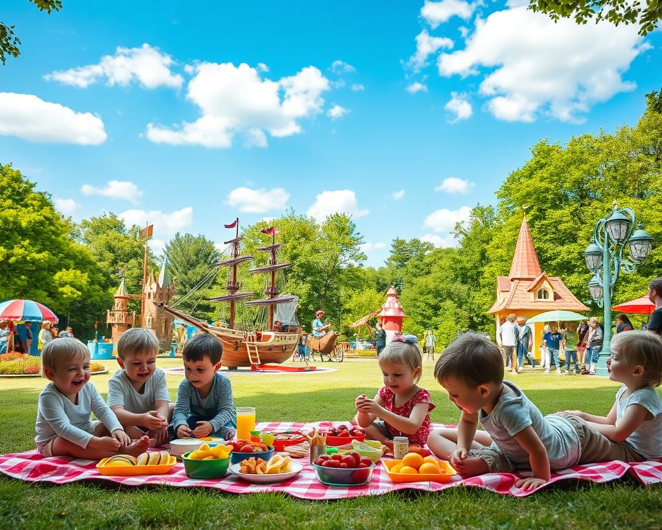 A vibrant scene at the Essen Playmobil FunPark, showcasing a lively family picnic. In the foreground, a cozy picnic blanket spread out with colorful play-food items, surrounded by children laughing and playing with Playmobil figures. In the middle ground, various themed attractions like a miniature pirate ship and a whimsical castle, with kids enjoying rides and parents watching nearby. The background features lush green trees under a bright blue sky, dotted with fluffy white clouds, creating a cheerful atmosphere. Soft, warm lighting illuminates the scene, enhancing the feeling of joy and adventure. Capture the essence of family bonding and fun within a playful, enchanting environment. The angle is slightly elevated, allowing a panoramic view of the park's vibrant activities. A vibrant scene at the Essen Playmobil FunPark, showcasing a lively family picnic. In the foreground, a cozy picnic blanket spread out with colorful play-food items, surrounded by children laughing and playing with Playmobil figures. In the middle ground, various themed attractions like a miniature pirate ship and a whimsical castle, with kids enjoying rides and parents watching nearby. The background features lush green trees under a bright blue sky, dotted with fluffy white clouds, creating a cheerful atmosphere. Soft, warm lighting illuminates the scene, enhancing the feeling of joy and adventure. Capture the essence of family bonding and fun within a playful, enchanting environment. The angle is slightly elevated, allowing a panoramic view of the park's vibrant activities.