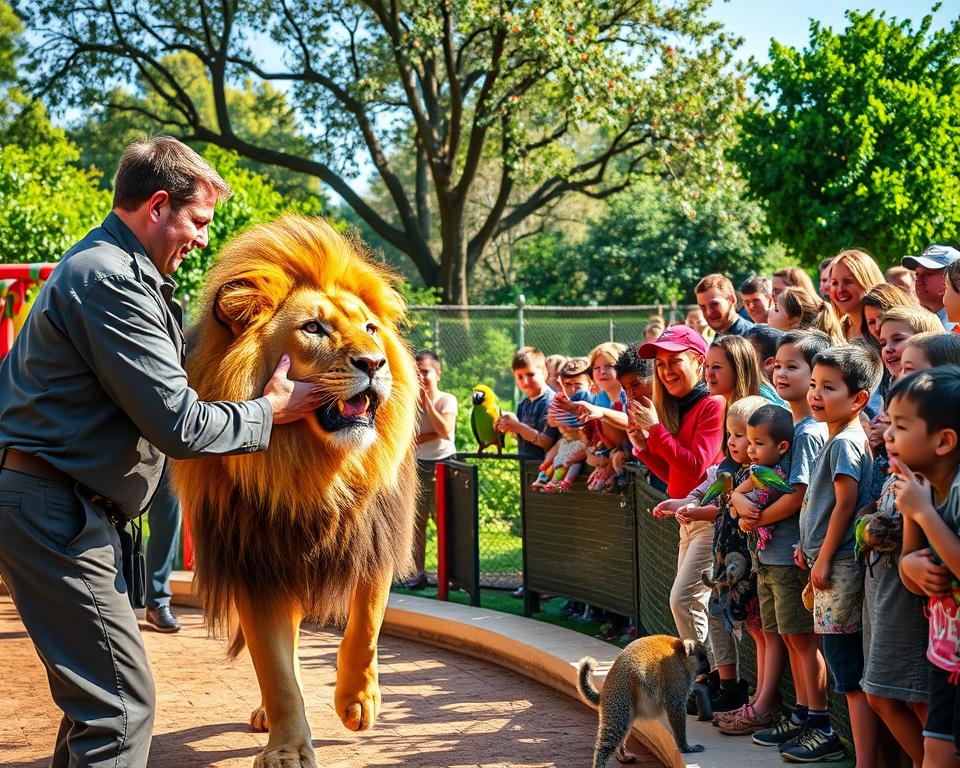 A vibrant scene at the Safari Park Stukenbrock showcasing a captivating animal show. In the foreground, a skilled trainer in professional attire interacts with a majestic lion, demonstrating a bond of trust. To the right, an enthusiastic audience of families watches in awe, children pointing excitedly. The middle ground features a colorful array of exotic animals, such as parrots and lemurs, creating a lively atmosphere. In the background, lush greenery and a bright blue sky enhance the sense of adventure. Soft sunlight filters through the trees, casting warm highlights on the scene. The overall mood is joyous and exhilarating, capturing the essence of unforgettable experiences at the park.