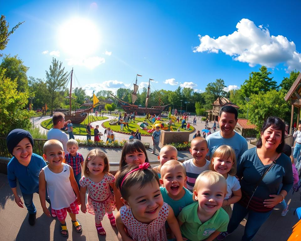 A vibrant scene depicting Playmobil FunPark in Nürnberg, capturing families enjoying a day of adventure. In the foreground, a diverse group of children and adults happily interacting with larger-than-life Playmobil figures and colorful play structures. The middle ground features a bustling park area filled with various themed attractions, like a pirate ship and a castle, surrounded by lush greenery and playful pathways. In the background, the sun is shining brightly, casting a warm glow over the park, with blue skies and fluffy white clouds. Use a wide-angle lens for a dynamic perspective, emphasizing the lively atmosphere and joyful expressions on faces, reflecting excitement and wonder in this family-friendly environment. A vibrant scene depicting Playmobil FunPark in Nürnberg, capturing families enjoying a day of adventure. In the foreground, a diverse group of children and adults happily interacting with larger-than-life Playmobil figures and colorful play structures. The middle ground features a bustling park area filled with various themed attractions, like a pirate ship and a castle, surrounded by lush greenery and playful pathways. In the background, the sun is shining brightly, casting a warm glow over the park, with blue skies and fluffy white clouds. Use a wide-angle lens for a dynamic perspective, emphasizing the lively atmosphere and joyful expressions on faces, reflecting excitement and wonder in this family-friendly environment.