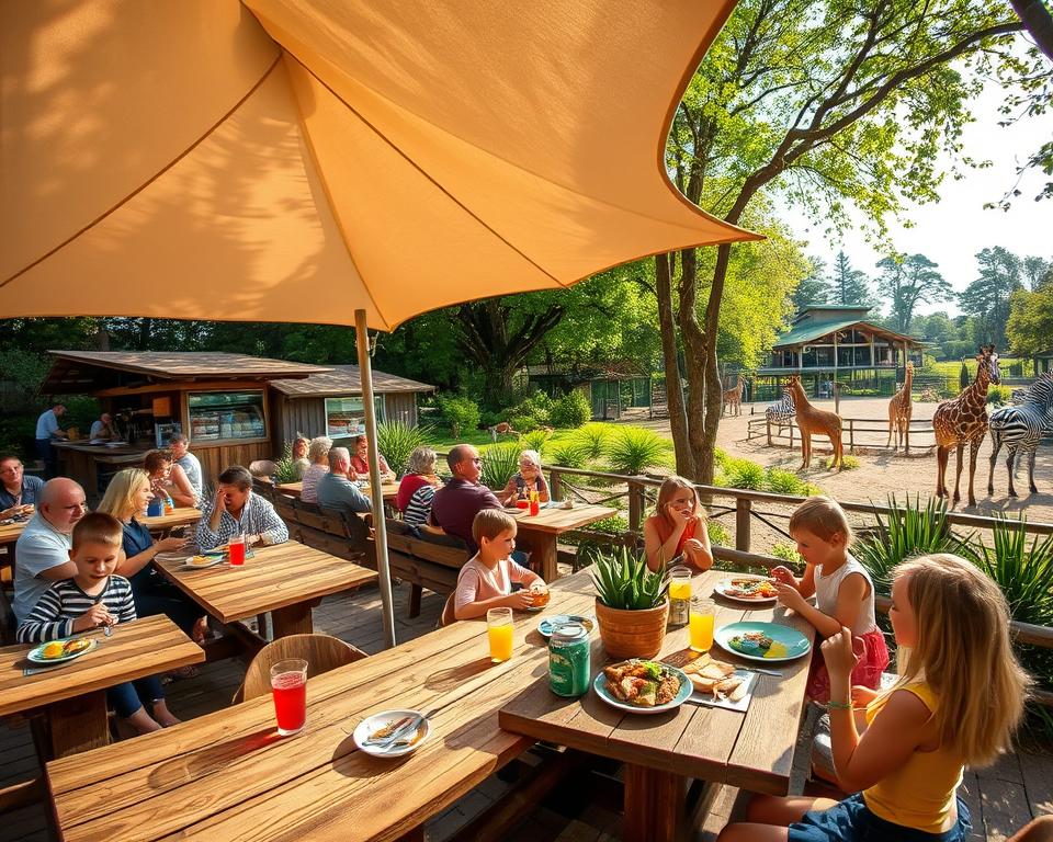 A vibrant scene depicting the dining area within the Safari Park Stukenbrock, Essen. In the foreground, families enjoy a variety of local snacks and meals at rustic wooden tables under large canvas umbrellas, with bright plates of food and drinks visible. The middle ground showcases the park's lush greenery, with well-cared-for plants and trees surrounding food stalls offering an array of cuisine. The background reveals diverse animal exhibits, with gentle animals like giraffes and zebras roaming, inviting a feeling of adventure. Soft afternoon sunlight filters through the trees, casting playful shadows, creating a lively, inviting atmosphere filled with laughter and relaxation. Capture the scene with a wide-angle lens to encompass the lively dining atmosphere and exhibit the beauty of nature surrounding it.