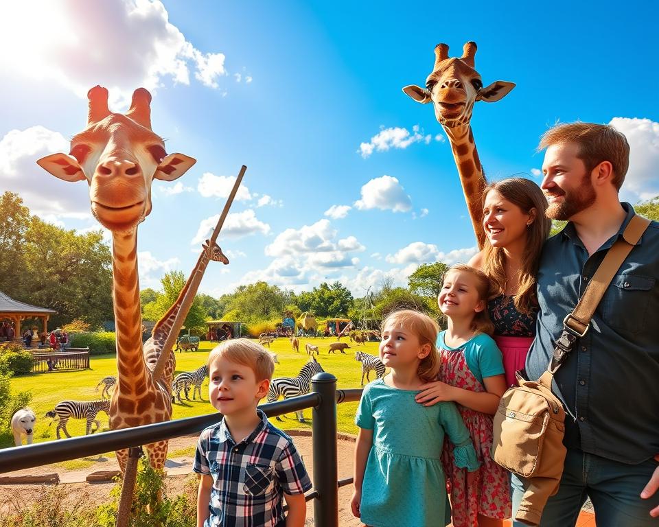 A vibrant scene inside Safari Park Stukenbrock, highlighting a family with young children enjoying their day at the park. In the foreground, a smiling mother and father, dressed in casual but modest clothing, are guiding their excited children, a boy and a girl, as they gaze in wonder at a giraffe. The middle of the image features various animals roaming freely, such as zebras and lions, creating a lively atmosphere. In the background, lush greenery and themed attractions can be seen under a bright blue sky, with fluffy white clouds. The sun shines warmly, casting soft light that enhances the cheerful mood, evoking a sense of adventure and family bonding in this enchanting setting. The scene is captured from a slightly elevated angle to provide a comprehensive view of the joyful experience.