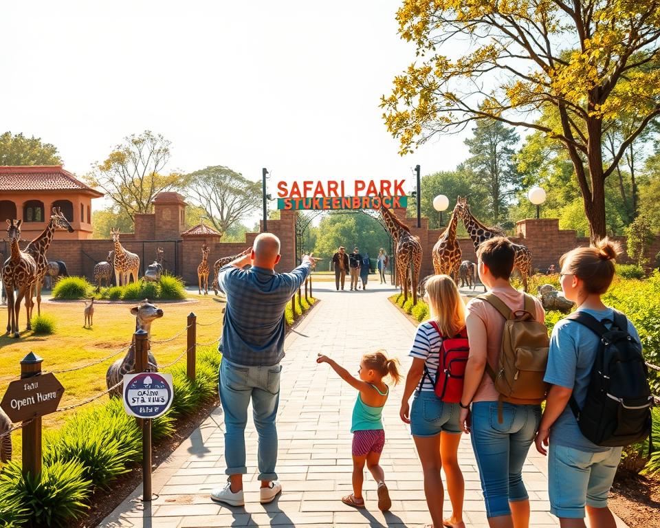 A vibrant scene of Safari Park Stukenbrock during a sunny afternoon, showcasing various animals such as giraffes, zebras, and lions in their natural habitats. In the foreground, a family of four dressed in casual clothing is enjoying the view, pointing at the animals with excitement. The middle ground features well-maintained paths with lush greenery and decorative signs indicating the park's opening hours. In the background, the park's iconic entrance archway is visible, adorned with colorful banners that evoke a sense of adventure. Soft sunlight filters through the trees, casting warm, inviting shadows. The mood is lively and joyous, capturing the thrill of a family adventure in the safari park, emphasizing the ideal time for a visit. The image should be bright and cheerful, with a focus on nature and wildlife.