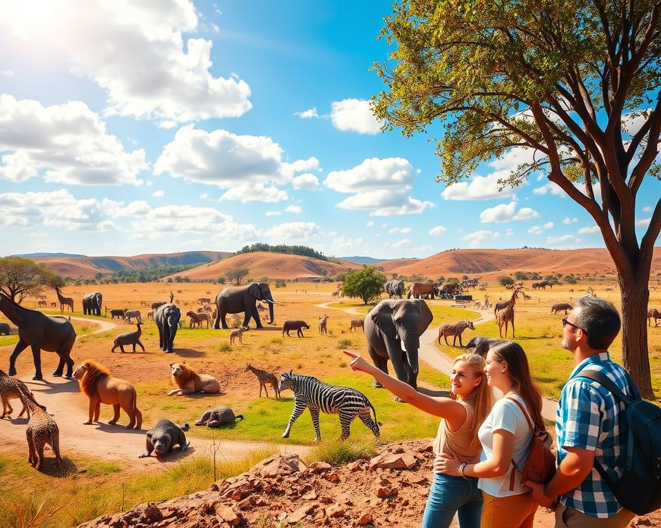 A vibrant scene of a safari park, featuring a diverse array of animals like lions, elephants, and giraffes in their natural habitats. In the foreground, a family of four dressed in modest casual clothing is joyfully pointing at a majestic lion resting under a tree. The middle ground showcases a variety of exotic animals roaming freely amidst lush greenery and scenic pathways. In the background, sunlit hills and a blue sky filled with fluffy clouds create a warm atmosphere. The lighting is bright and inviting, emphasizing the joyful and adventurous spirit of a day spent exploring the park. The composition captures a sense of excitement and wonder, ideal for showcasing an optimal day plan for visitors.