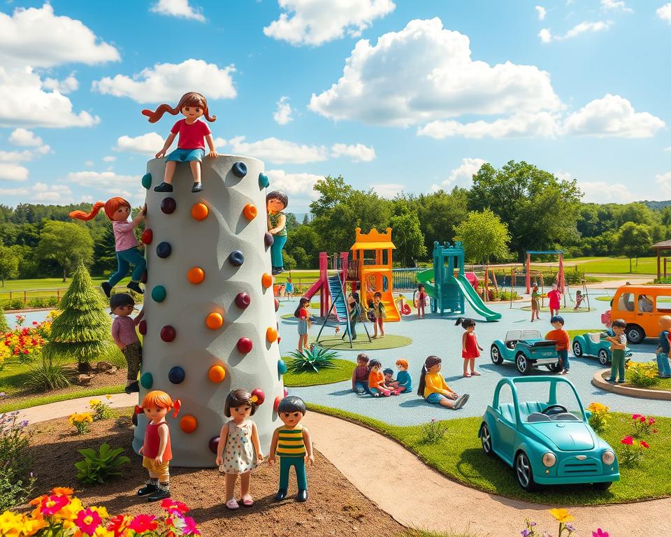 A vibrant scene of an outdoor Playmobil FunPark, filled with colorful Playmobil figures engaging in various activities. In the foreground, a group of children climb a large, whimsical climbing structure, showcasing joy and excitement. In the middle, families are gathered around playful installations, such as slides, swings, and miniature cars, all set in a beautifully landscaped area with lush greenery and bright flowers. The background features a sunny sky with fluffy clouds, and distant trees creating a serene atmosphere. The lighting is warm and inviting, capturing a cheerful and adventurous mood. The composition is wide-angle to encompass the spacious layout of the park, emphasizing fun and active family engagement in an outdoor adventure setting. A vibrant scene of an outdoor Playmobil FunPark, filled with colorful Playmobil figures engaging in various activities. In the foreground, a group of children climb a large, whimsical climbing structure, showcasing joy and excitement. In the middle, families are gathered around playful installations, such as slides, swings, and miniature cars, all set in a beautifully landscaped area with lush greenery and bright flowers. The background features a sunny sky with fluffy clouds, and distant trees creating a serene atmosphere. The lighting is warm and inviting, capturing a cheerful and adventurous mood. The composition is wide-angle to encompass the spacious layout of the park, emphasizing fun and active family engagement in an outdoor adventure setting.