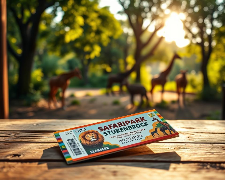A vibrant scene showcasing a pair of Safari Park Stukenbrock tickets prominently displayed in the foreground, resting on a rustic wooden table. The tickets are colorful and detailed, featuring images of animals like lions and giraffes. In the middle ground, blur the background slightly to reveal lush greenery and silhouettes of exotic animals roaming freely, evoking the adventurous spirit of a safari. Warm, golden lighting filters through the trees, casting gentle shadows, creating a welcoming and inviting atmosphere. The perspective is slightly angled, emphasizing the tickets while capturing the essence of an exciting zoo experience. The overall mood is playful and adventurous, inviting viewers to imagine their own safari adventure.