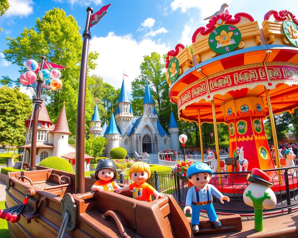 A vibrant scene showcasing popular attractions at Playmobil FunPark in Nürnberg, featuring colorful Playmobil figures engaged in various activities. In the foreground, children with joyful expressions are playing on a giant Playmobil pirate ship, while a vibrant carousel spins nearby with playful horse figures. The middle ground displays a whimsical castle where families are exploring, and a balloon cart adds a festive touch. In the background, lush green trees and blue skies create a cheerful atmosphere, illuminated by warm sunlight. A wide-angle perspective captures the lively ambiance, evoking a sense of adventure and excitement, perfect for families. The overall mood is fun and inviting, celebrating joyful moments at the theme park. A vibrant scene showcasing popular attractions at Playmobil FunPark in Nürnberg, featuring colorful Playmobil figures engaged in various activities. In the foreground, children with joyful expressions are playing on a giant Playmobil pirate ship, while a vibrant carousel spins nearby with playful horse figures. The middle ground displays a whimsical castle where families are exploring, and a balloon cart adds a festive touch. In the background, lush green trees and blue skies create a cheerful atmosphere, illuminated by warm sunlight. A wide-angle perspective captures the lively ambiance, evoking a sense of adventure and excitement, perfect for families. The overall mood is fun and inviting, celebrating joyful moments at the theme park.