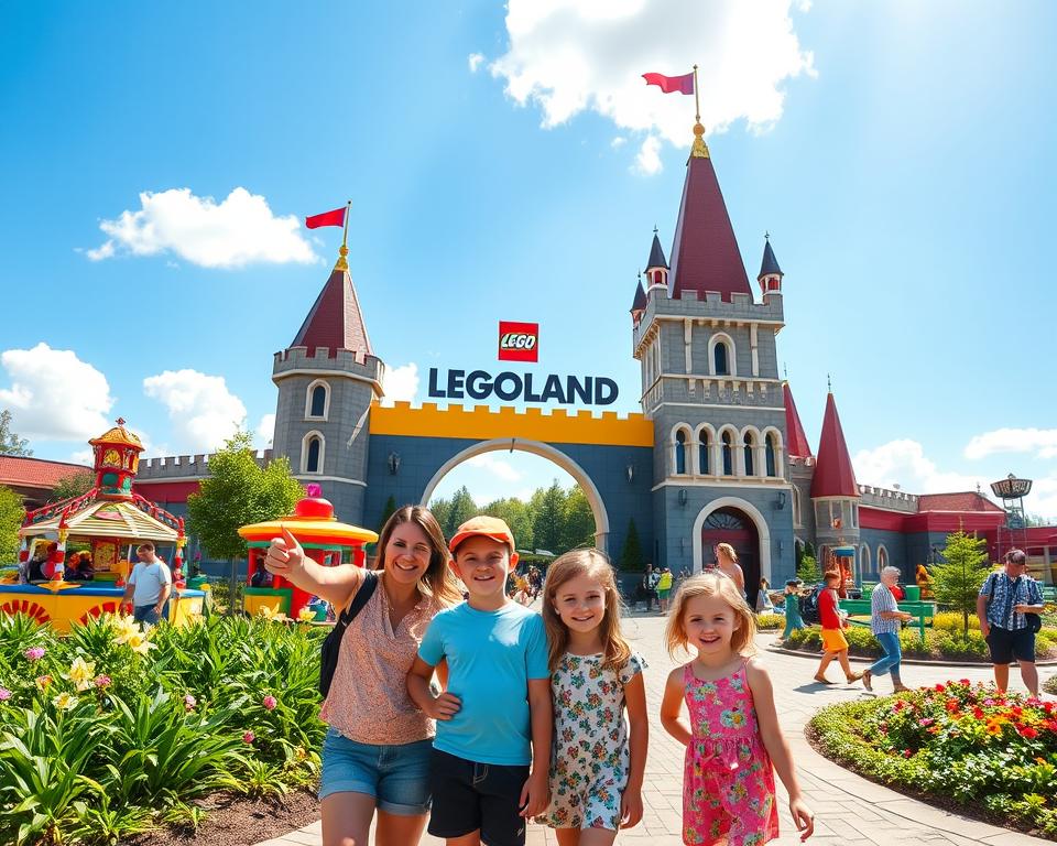 A vibrant, sunny day at LEGOLAND Günzburg, featuring families enjoying the park's attractions. In the foreground, a delighted family of four, dressed in casual, colorful outfits, stands in front of a large, intricate LEGO castle, pointing excitedly. In the middle ground, cheerful children are playing and exploring LEGO-themed rides, surrounded by lush greenery and blooming flowers indicative of early summer. In the background, the iconic LEGOLAND entrance archway is visible under a clear blue sky, with fluffy white clouds drifting by. Soft, warm sunlight bathes the scene, creating a joyful and inviting atmosphere. The image captures the essence of family fun and the best season to visit this beloved destination. A vibrant, sunny day at LEGOLAND Günzburg, featuring families enjoying the park's attractions. In the foreground, a delighted family of four, dressed in casual, colorful outfits, stands in front of a large, intricate LEGO castle, pointing excitedly. In the middle ground, cheerful children are playing and exploring LEGO-themed rides, surrounded by lush greenery and blooming flowers indicative of early summer. In the background, the iconic LEGOLAND entrance archway is visible under a clear blue sky, with fluffy white clouds drifting by. Soft, warm sunlight bathes the scene, creating a joyful and inviting atmosphere. The image captures the essence of family fun and the best season to visit this beloved destination.