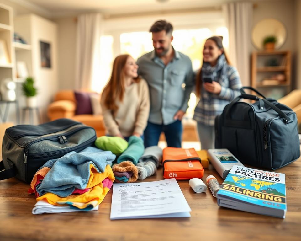 A visually engaging packing list for a family vacation, displayed on a wooden table. In the foreground, an organized arrangement of essential items: a compact travel bag, colorful children's clothes, lightweight jackets, a first-aid kit, sunscreen, and a family-friendly travel guide. In the middle ground, a cheerful family of four, dressed in modest casual clothing, happily discussing their packing. The background features a soft focus of a cozy home environment with warm natural lighting streaming through a window, creating a relaxed atmosphere. The angle of the image is slightly elevated, capturing the entire setup and evoking a sense of preparation and excitement for stress-free family travels.