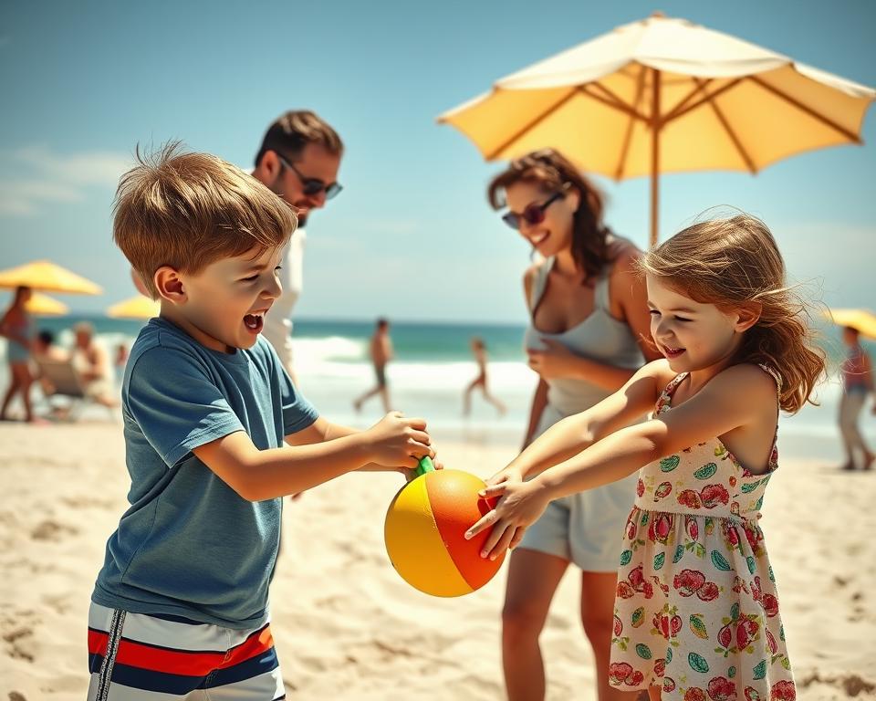 A vivid scene depicting a family vacation where two siblings are caught in a lighthearted argument. In the foreground, a boy and a girl, both around 8-10 years old, are playfully tugging at a beach toy, their faces showing playful annoyance. They are dressed in colorful, modest summer clothing appropriate for a sunny day. In the middle ground, their parents are trying to intervene with friendly, calming gestures, showcasing a supportive atmosphere. In the background, a sunny beach with soft waves gently rolling in, beach umbrellas, and families enjoying their day, creating a lively yet relaxed atmosphere. The lighting is bright and warm, capturing the essence of a joyful summer day. The angle is slightly above eye level, offering a clear view of the siblings and their parents.